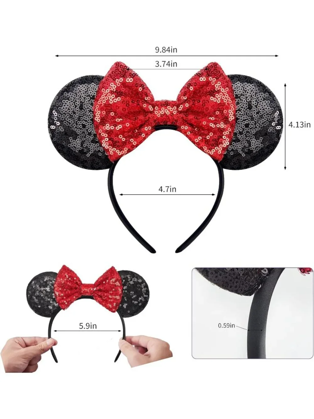 Women Red 2 Sequin Handmade Mickey Mouse Headband 2 Pieces